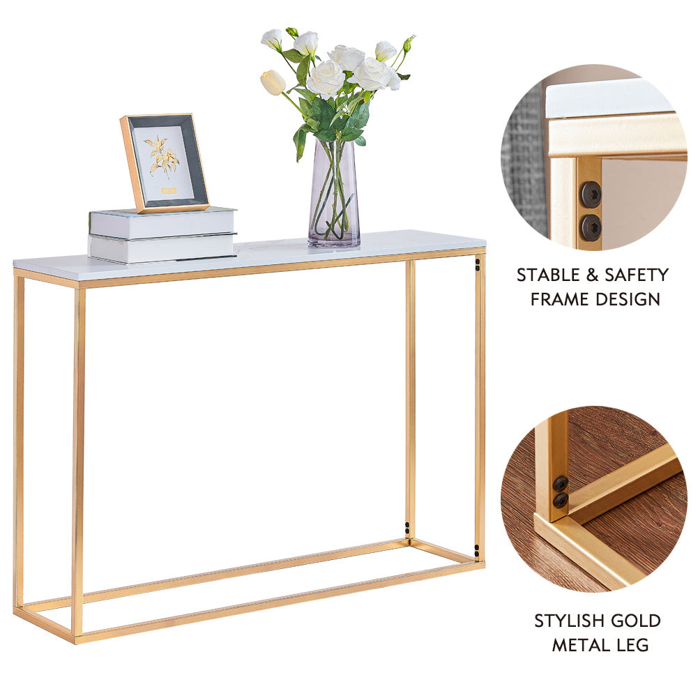 White Rectangular Marble Accent Table with Gold Legs
