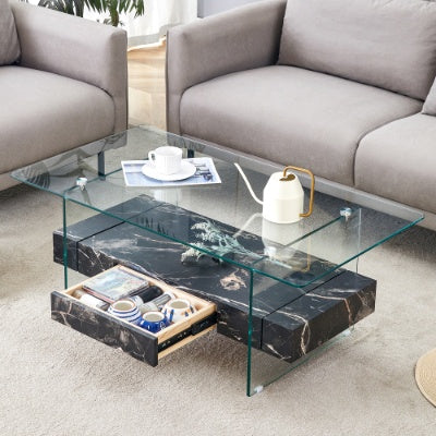 Two-Tier Coffee Table - Clear Tempered Glass And Black Marble Texture