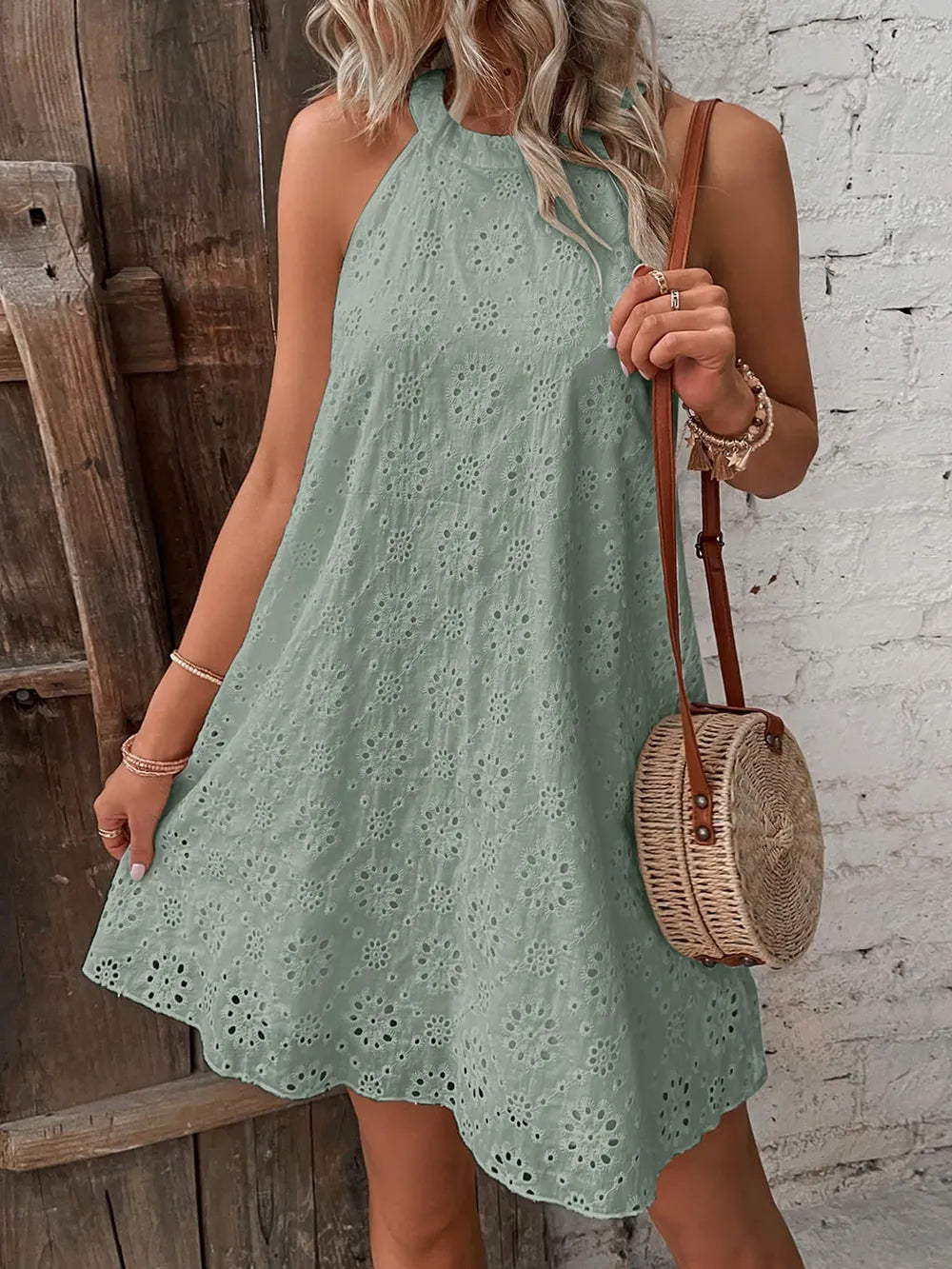 Eyelet Grecian Neck Halter Dress