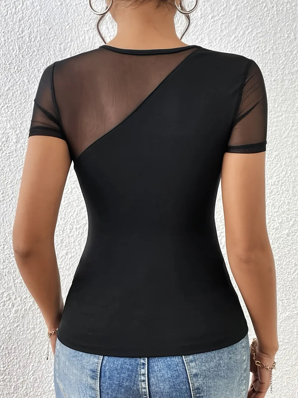 Solid Color Short Sleeved Mesh Splicing Shirt