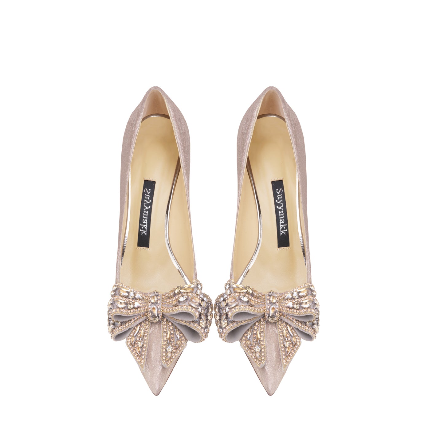 Leather Rhinestone Golden Bowknot High Heels