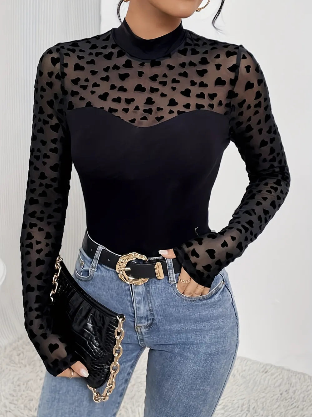 Heart Mock Neck Long Sleeve Blouse
