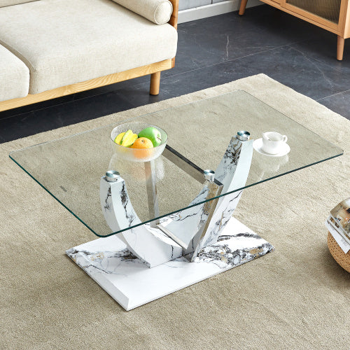 Transparent Tempered Glass Coffee Table With Marble Patterned MDF Legs And Stainless Steel Decorative Columns