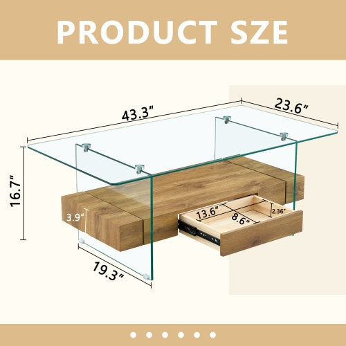 Clear Tempered Glass And Natural Wood Grain Coffee Table with Drawer