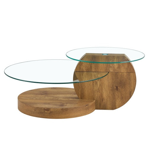 Double-layer Round Glass Coffee Table with Wood MDF Table Legs