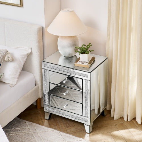 Silver Mirror Three Drawer Side Table