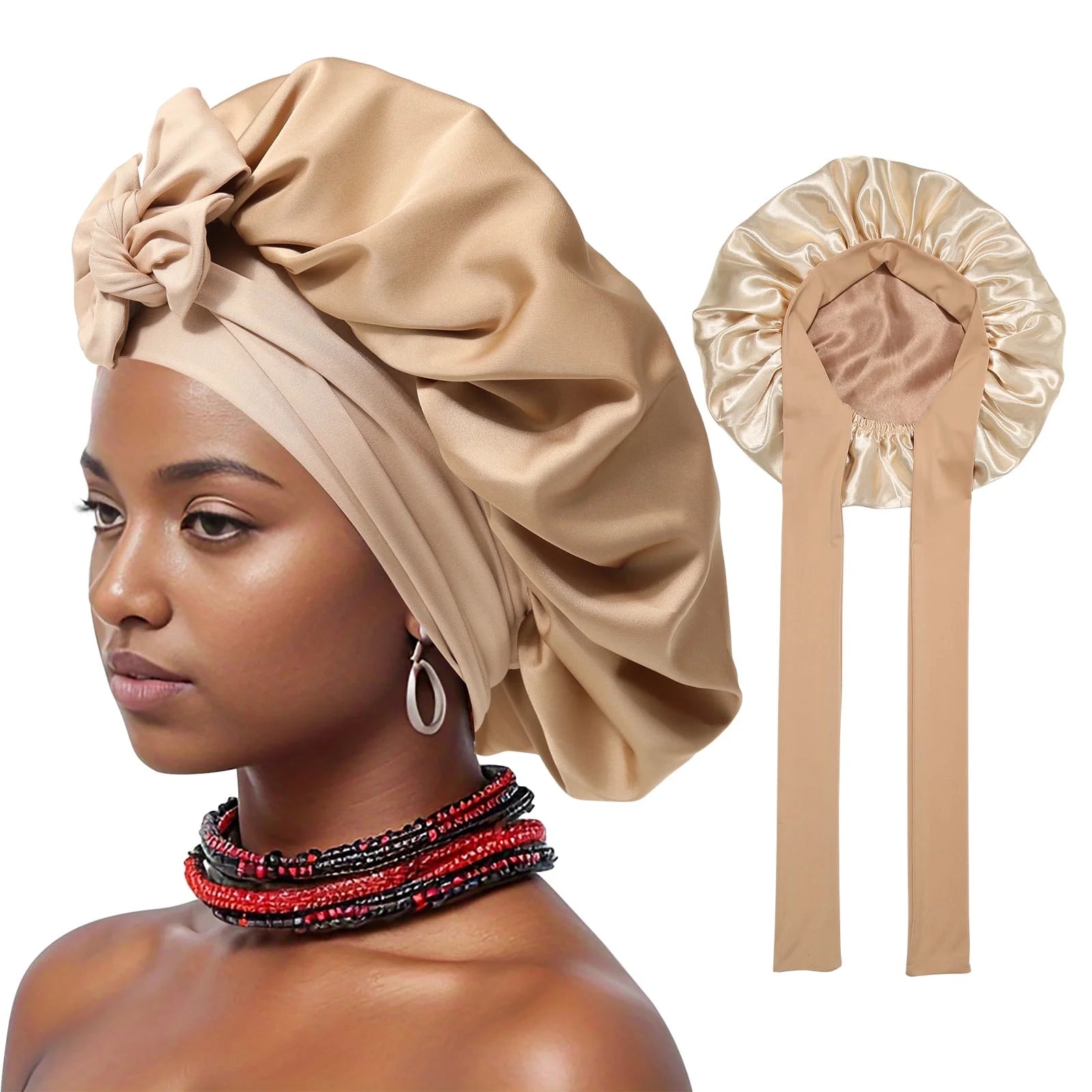 Elastic Tie Satin Bonnet for Sleeping