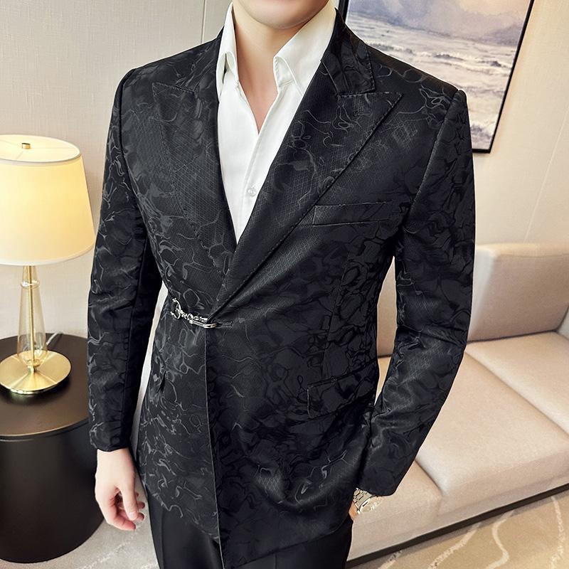 Metal Hook Placket Closure Collar Leather Texture Blazer