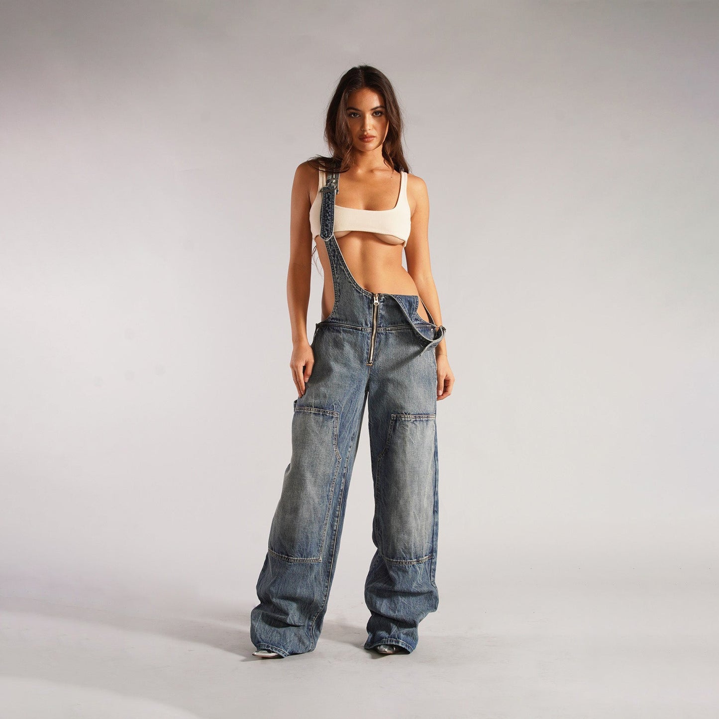 Zipper Front Denim Overalls