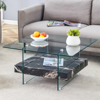 Two Tier Square Coffee Table - Clear Glass And Black Marble Pattern