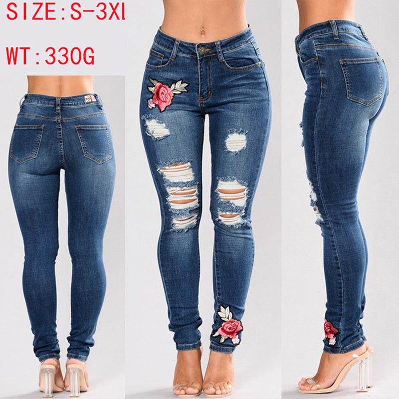 Flower Embroidered Ripped Skinny Jeans