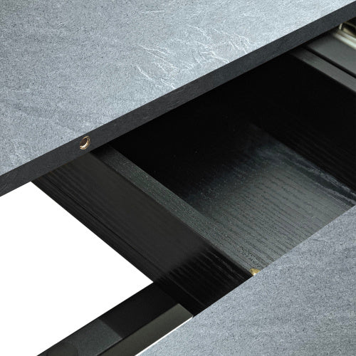 Rectangular Stretch Dining Table - Dark Grey Stone Top and Black Relief Plate - Black Fine Sand Cross Iron Foot Base with Storage Box