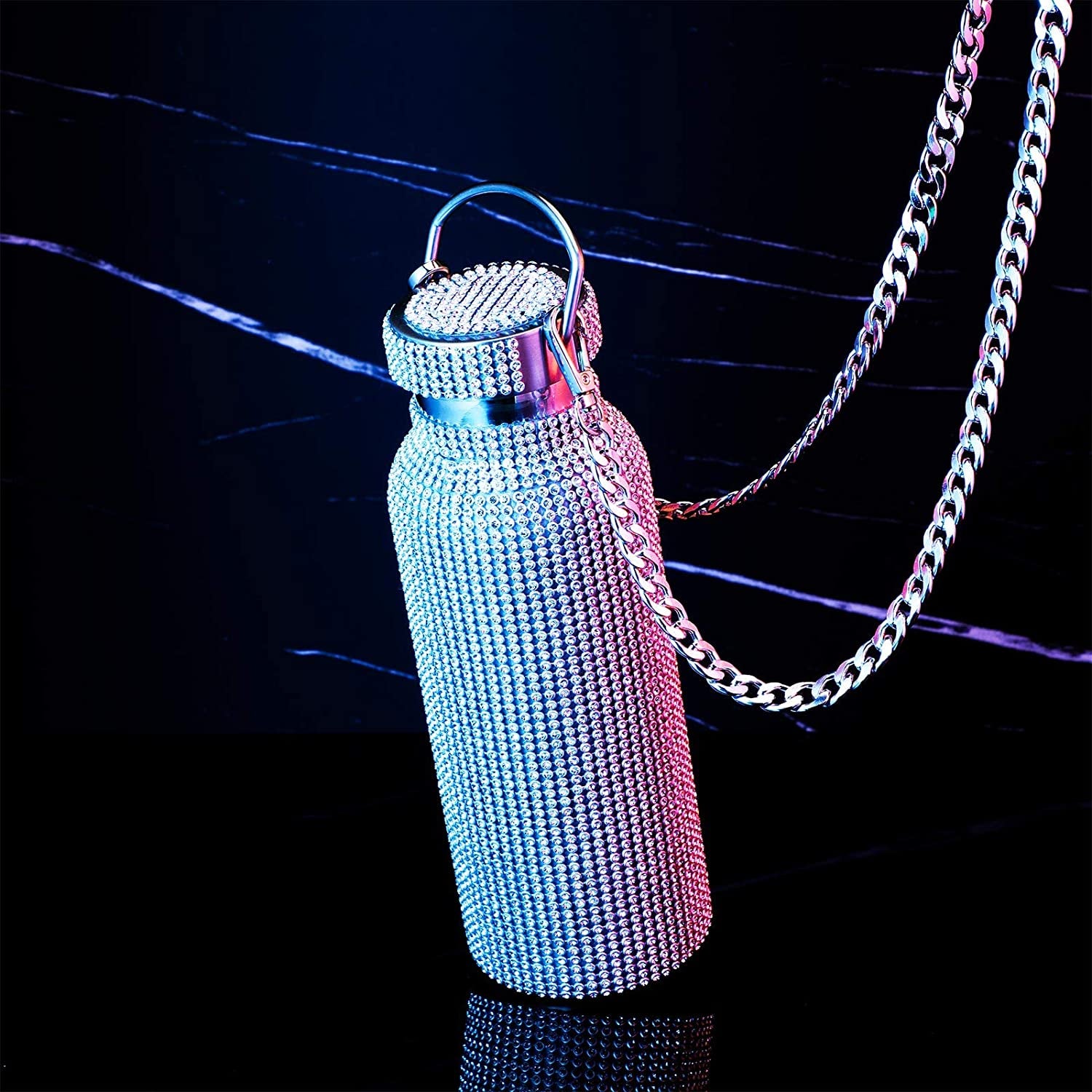 Diamond Water Bottle Bling Rhinestone Stainless Steel Thermal Bottle Refillable Insulated Glitter Water Jug with Chain for Women Girls Gifts(500 Ml,Silver)