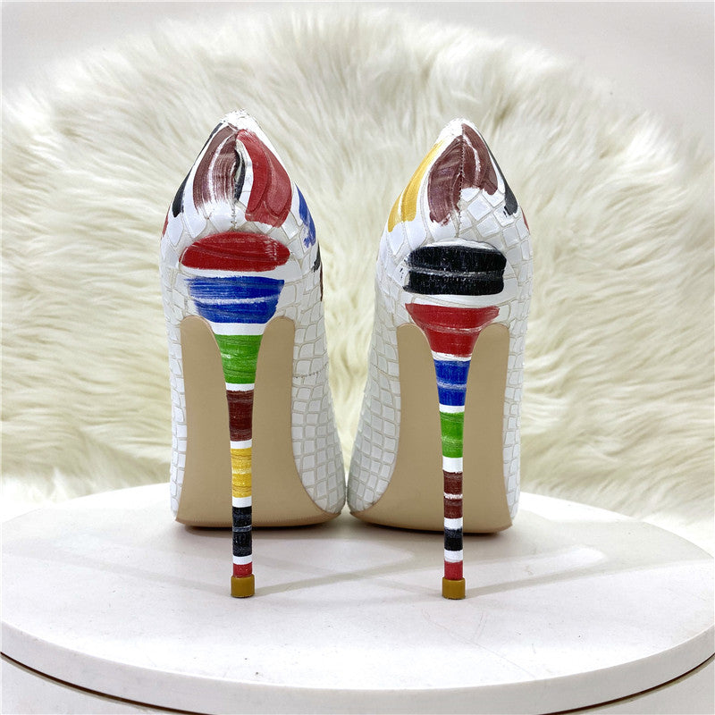 White Snakeskin Graffiti Pointed Toe Stiletto High Heels