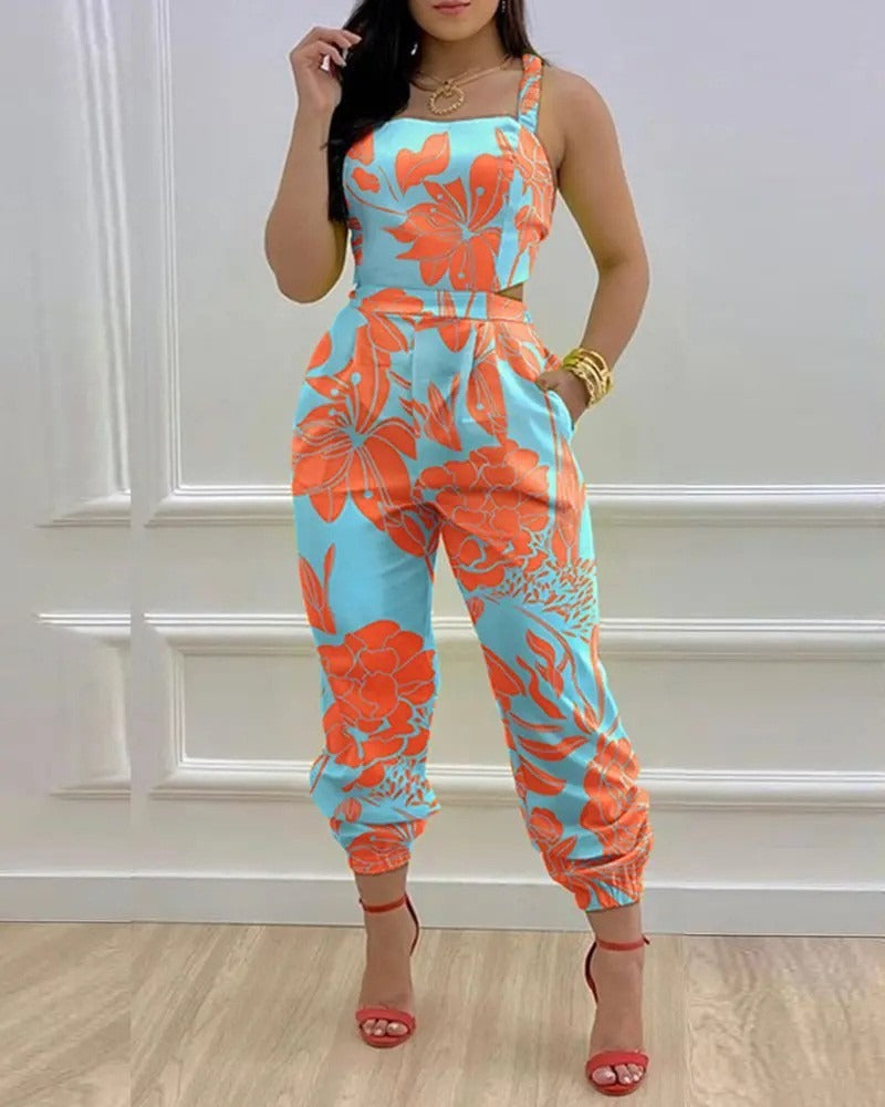 Open Back Cross Lace Up Bow Print Jumpsuit