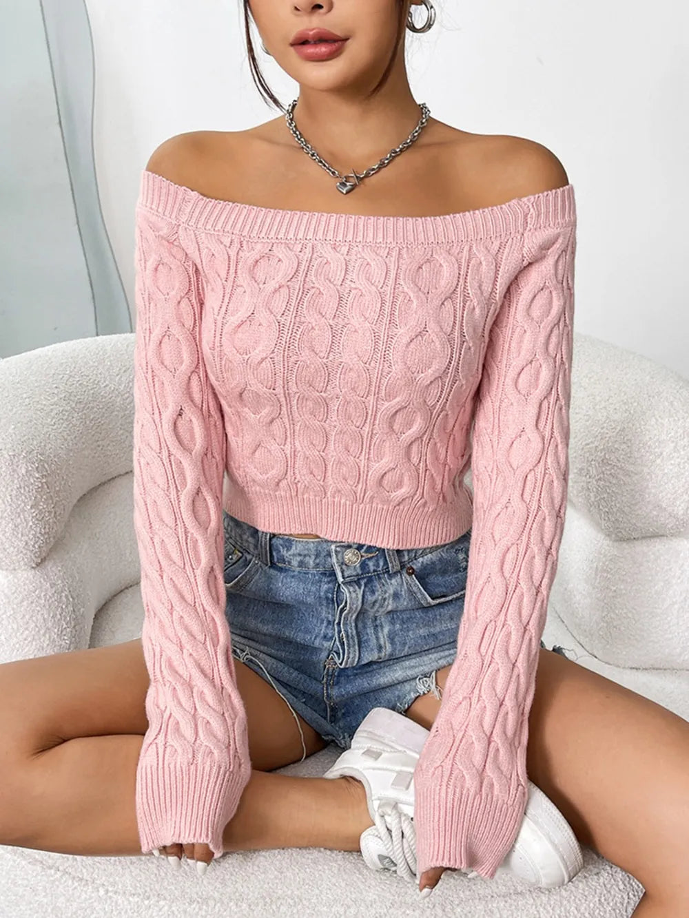 Cable-Knit Off-Shoulder Long Sleeve Knit Sweater