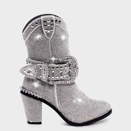 Rhinestone Buckle Thick Heel Boots