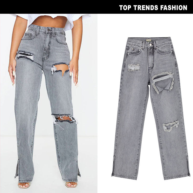 Distressed High Waist Straight Leg Jeans