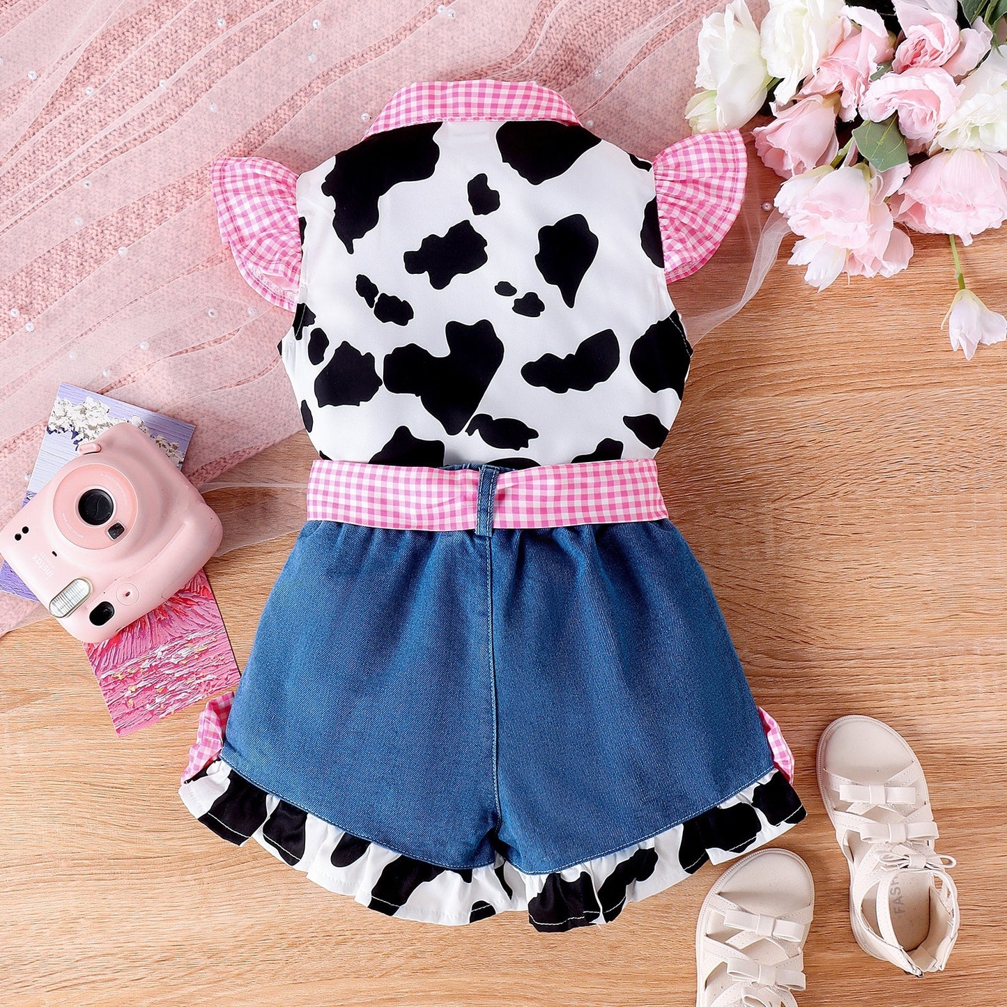Flounced Sleeve Cow Print Denim Stitching Shorts Set