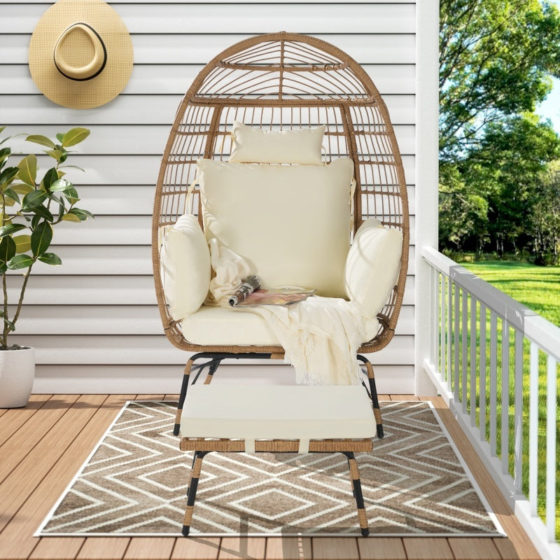 Indoor And Outdoor Willow Rattan Oversized Egg Chair with Footstool And Thick Cushion