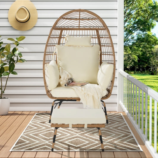 Indoor And Outdoor Willow Rattan Oversized Egg Chair with Footstool And Thick Cushion