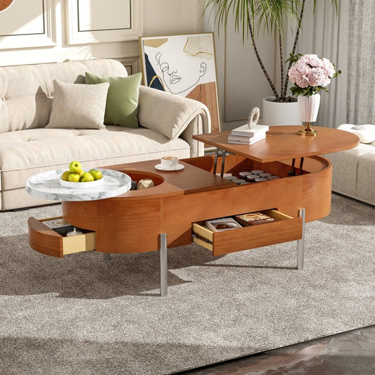 47.2-inch Lift Coffee Table With 360 Degree Marble Patterned Rotating Tray with Modern Oval Lift Tabletop