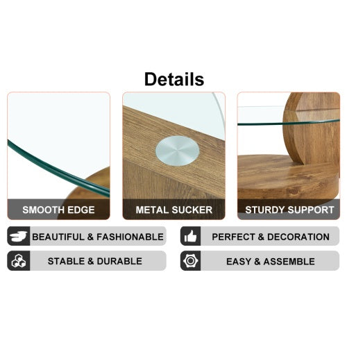 Double-layer Round Glass Coffee Table with Wood MDF Table Legs