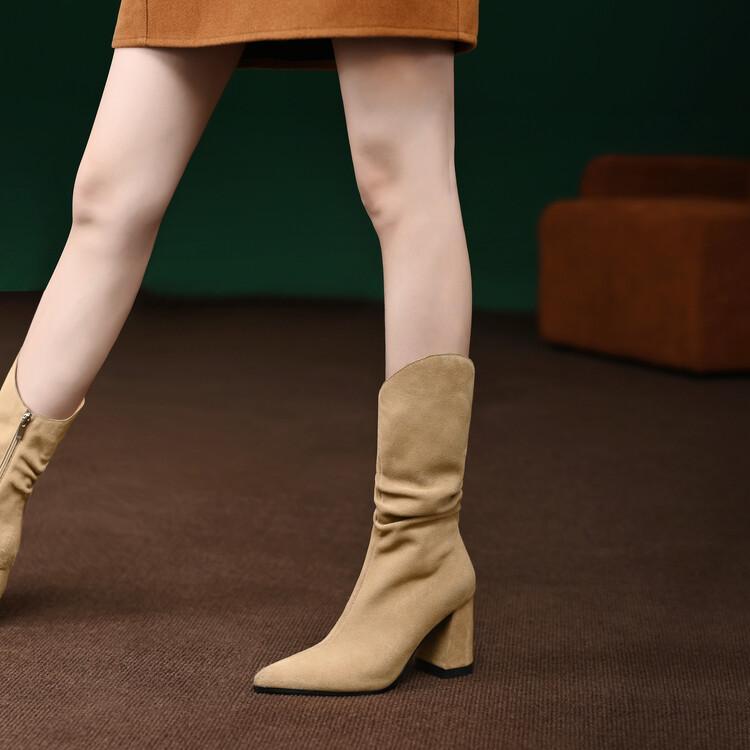 Thick Heel Pointed Toe Nubuck Leather Ankle Boots