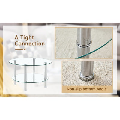 Double Layer Tempered Glass Coffee Table 27.5 Top And 23.6 Bottom with Stainless Steel Silver Plated Legs