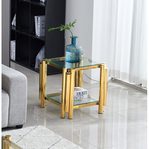 Stainless Steel End Table - Double-Layer Clear Tempered Glass