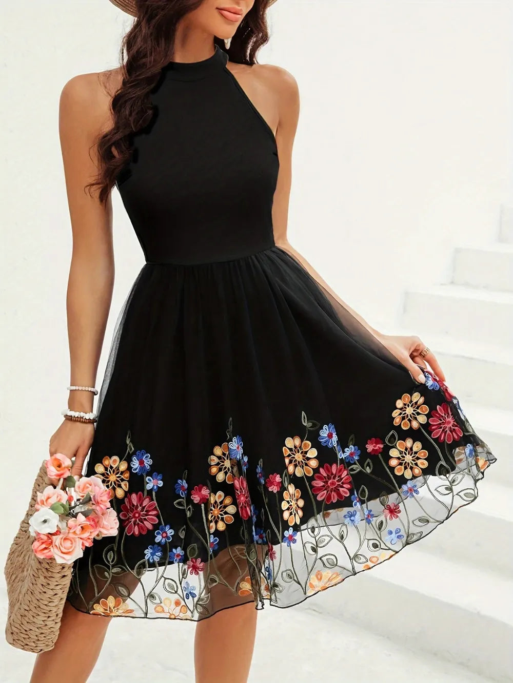 Open Shoulder Floral Mesh Dress