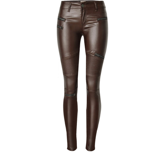 Faux Leather Stitching Multi-Zip Pants - Coffee