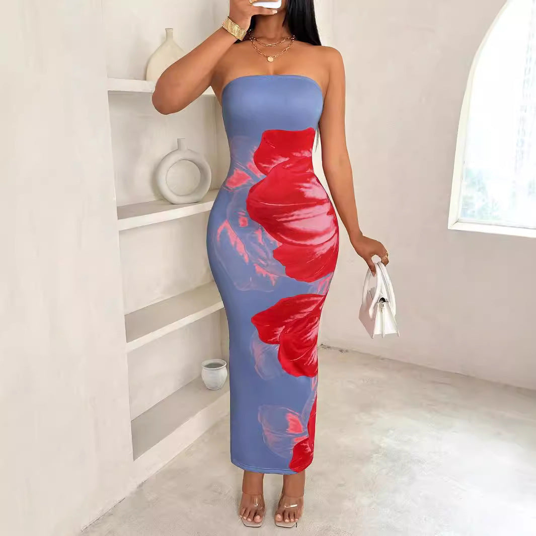 Slim-Fit Contrast Floral Print Dress