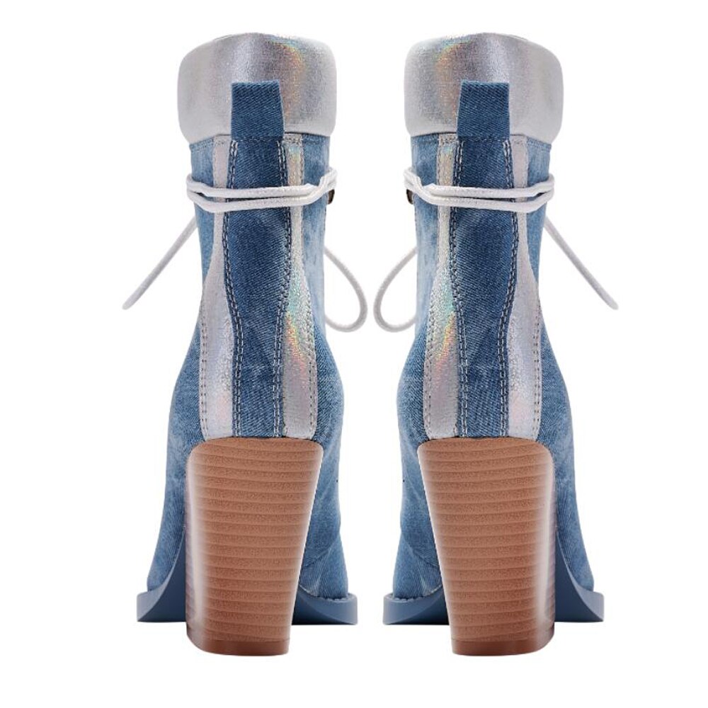 Denim Lace Up Chelsea Pointed Toe Thick High Heels
