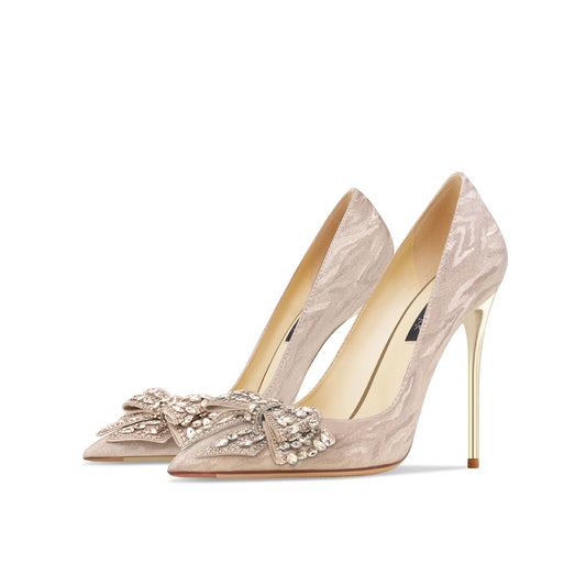 Leather Rhinestone Golden Bowknot High Heels