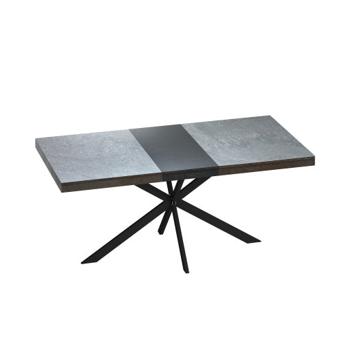 Rectangular Stretch Dining Table - Dark Grey Stone Top and Black Relief Plate - Black Fine Sand Cross Iron Foot Base with Storage Box