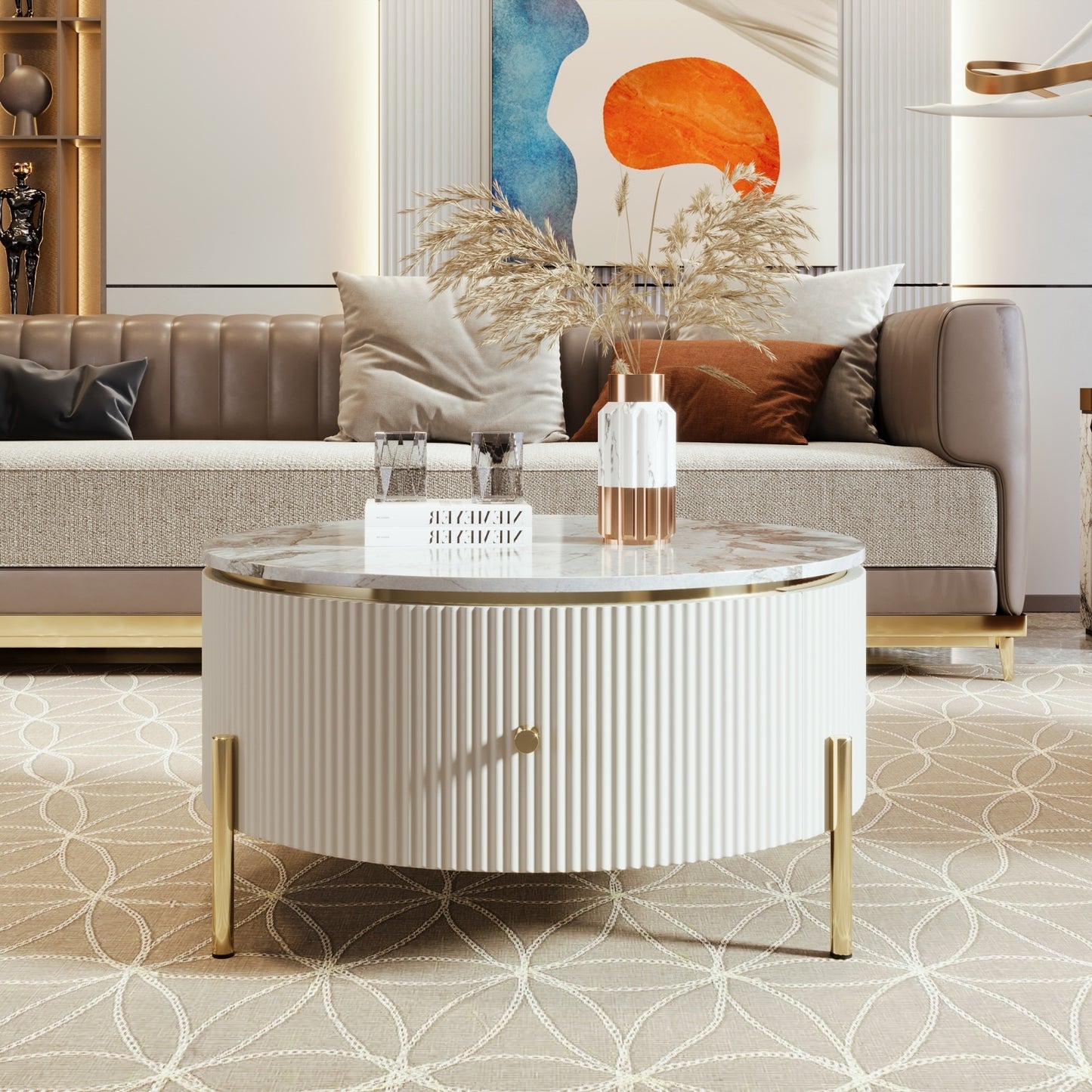 Round Coffee Table with 2 Large Storage Drawers