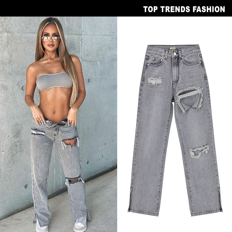 Distressed High Waist Straight Leg Jeans