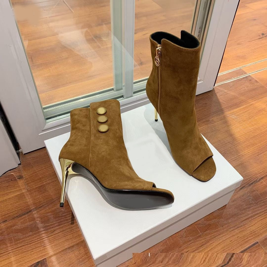 Fish Mouth Metal Round Buckle Ankle Boots