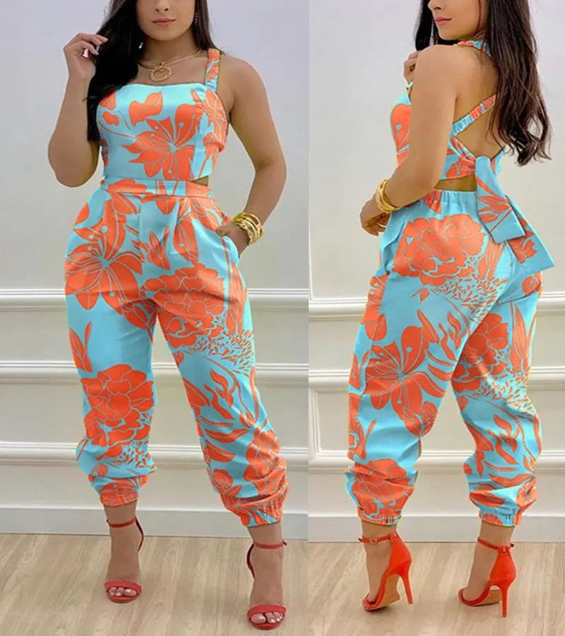 Open Back Cross Lace Up Bow Print Jumpsuit
