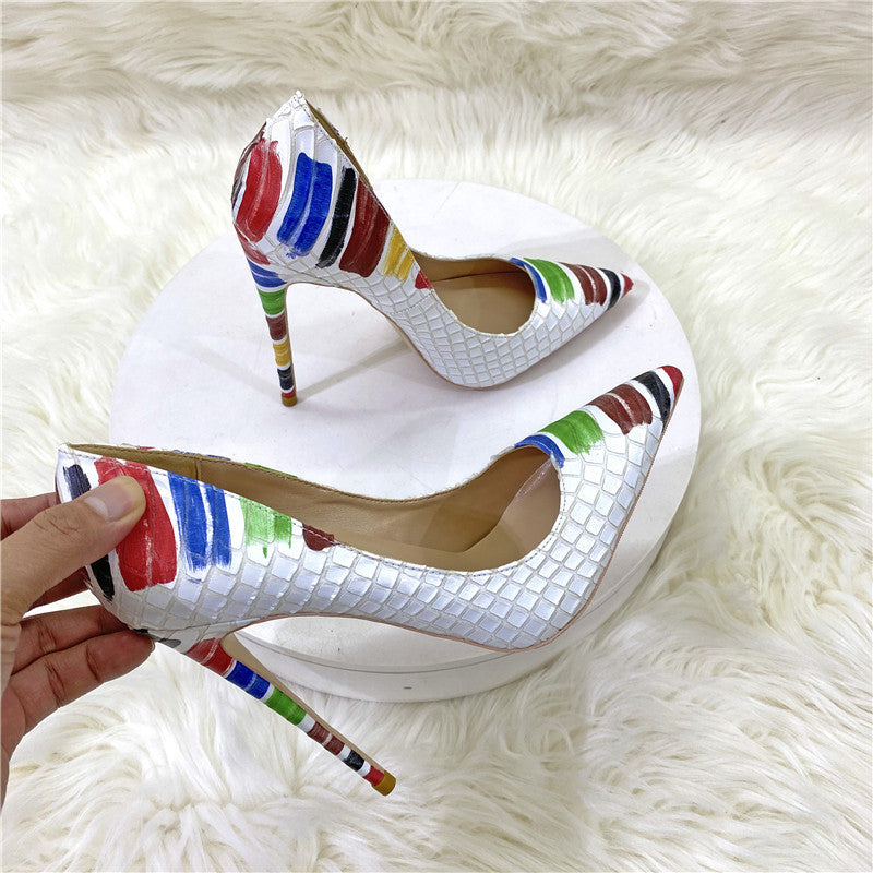 White Snakeskin Graffiti Pointed Toe Stiletto High Heels
