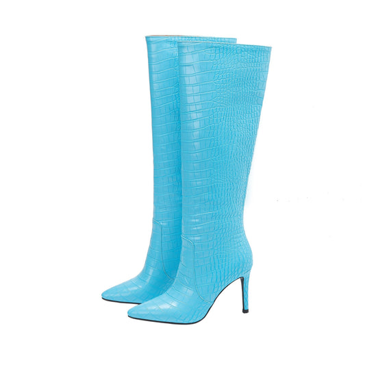 Pointed Toe Crocodile Pattern Knee High Boots