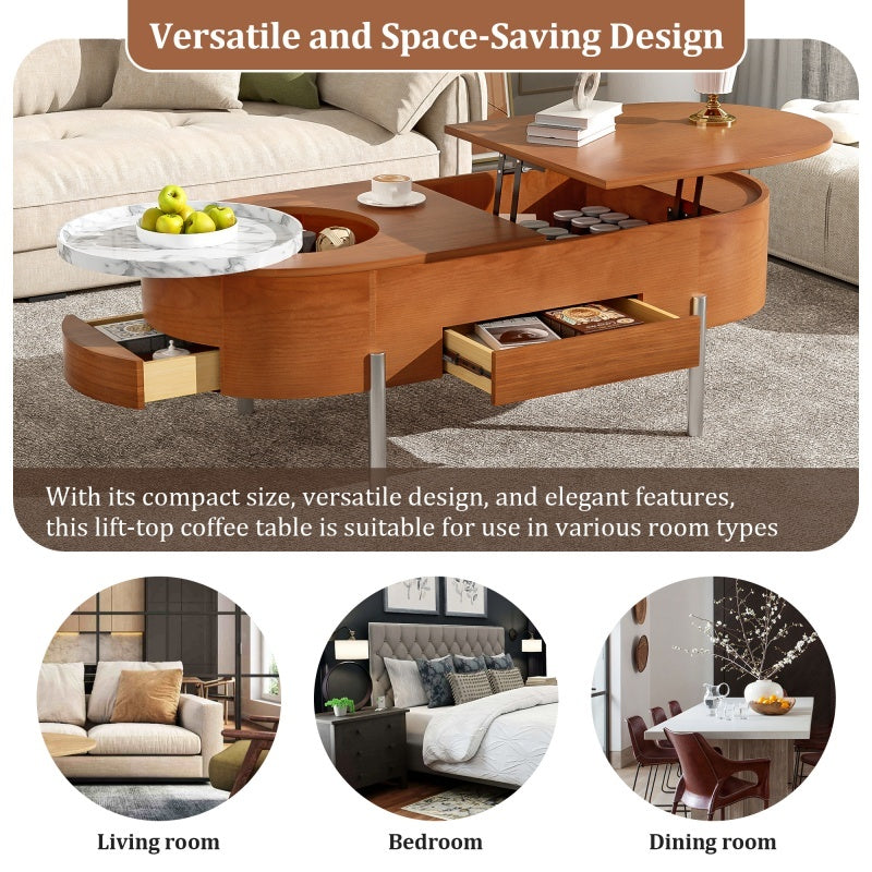 47.2-inch Lift Coffee Table With 360 Degree Marble Patterned Rotating Tray with Modern Oval Lift Tabletop