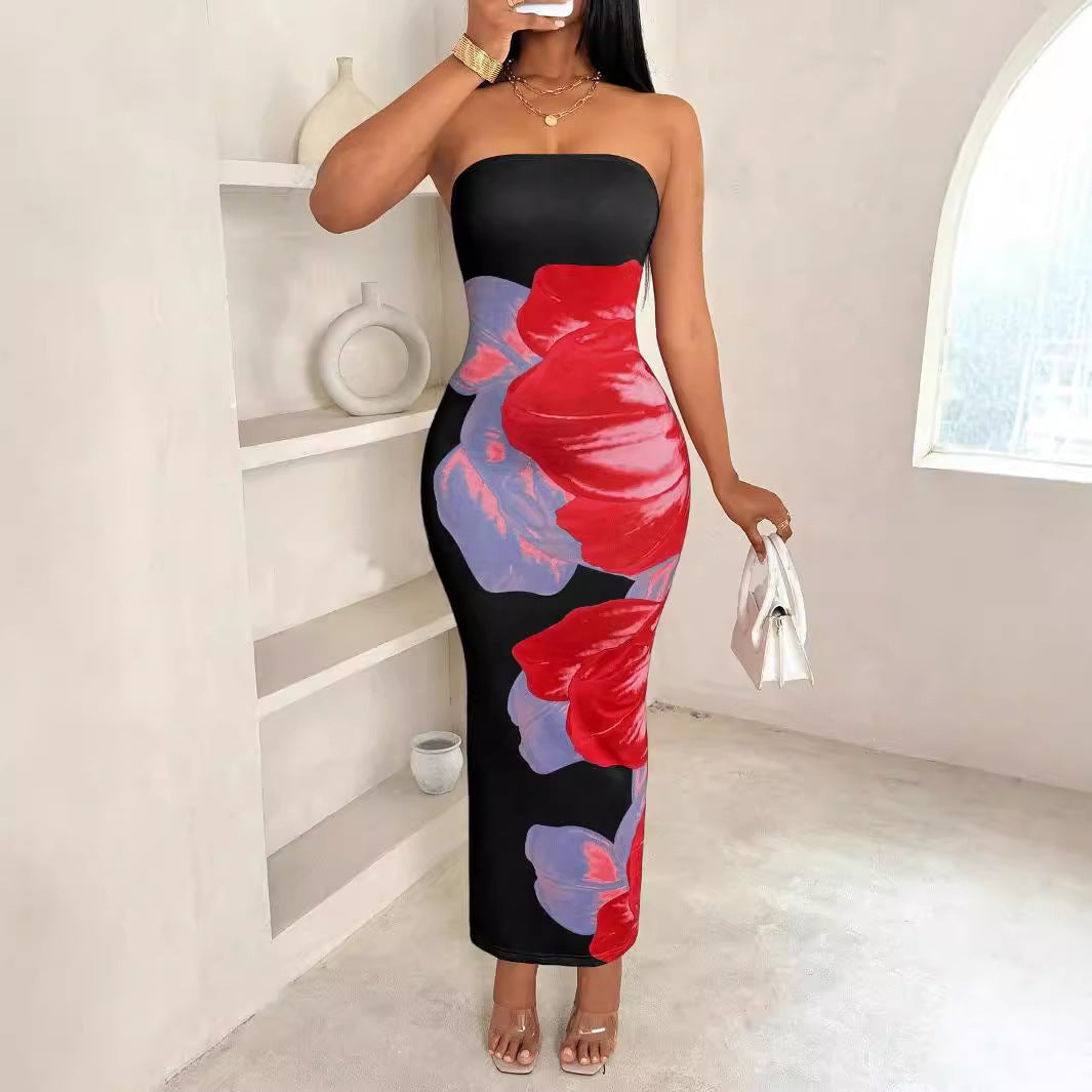 Slim-Fit Contrast Floral Print Dress