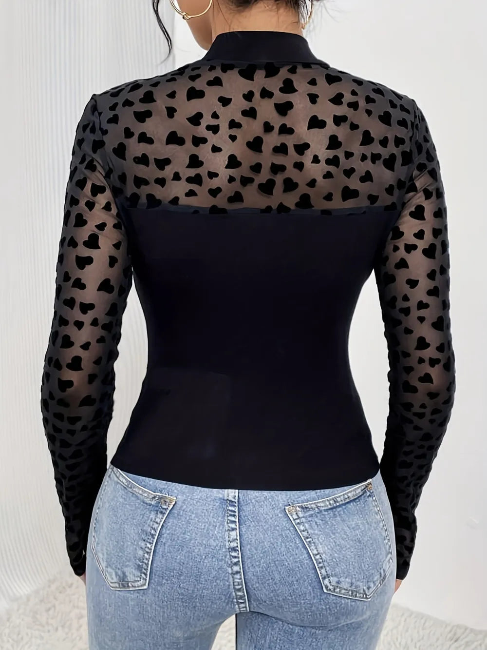 Heart Mock Neck Long Sleeve Blouse