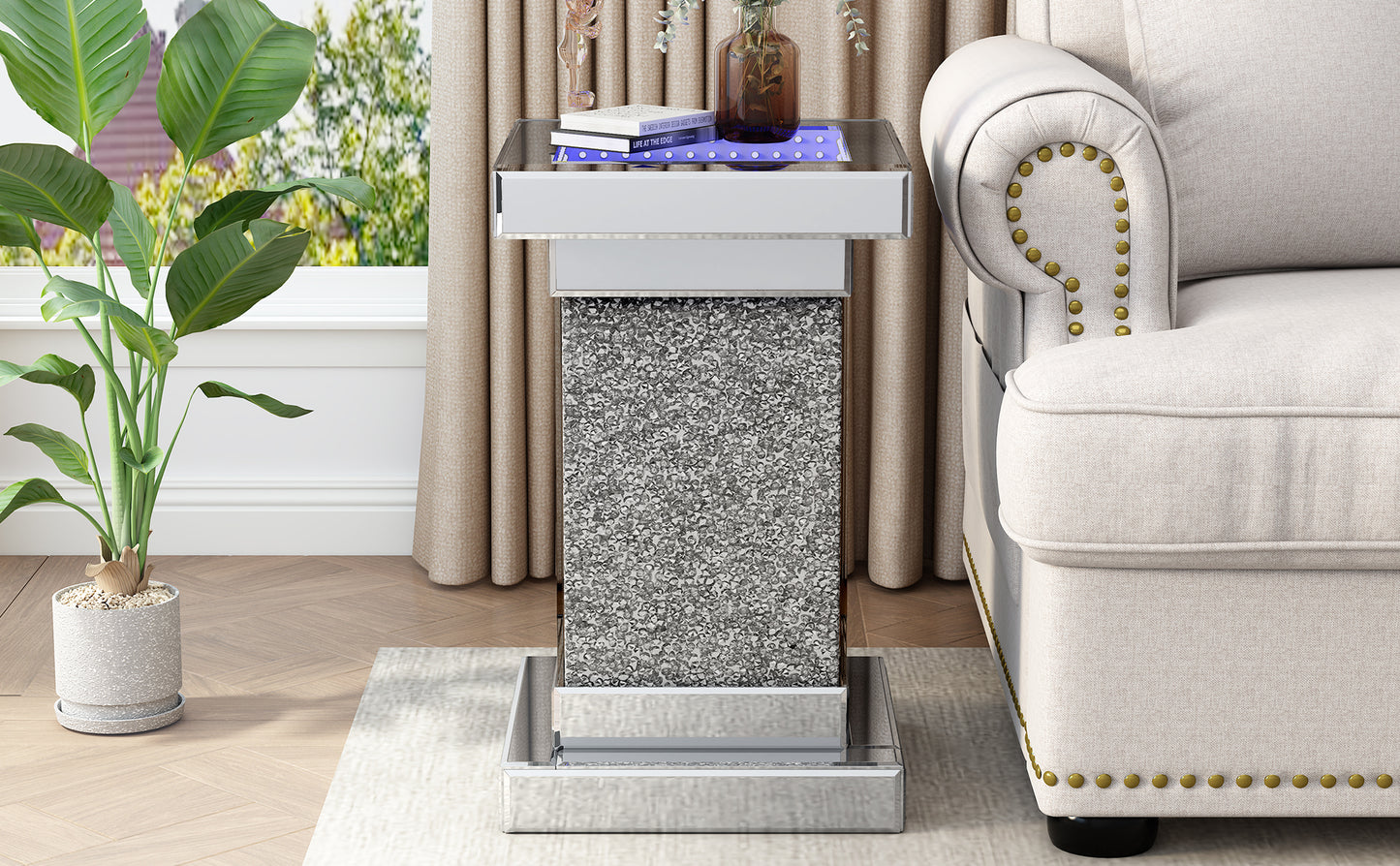 U-Can 11.8-inch Silver Square Mirror End Table with LED lights