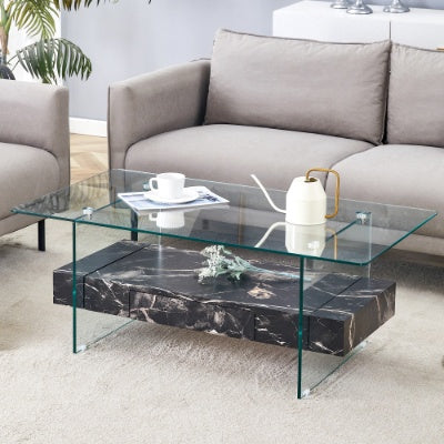 Two-Tier Coffee Table - Clear Tempered Glass And Black Marble Texture