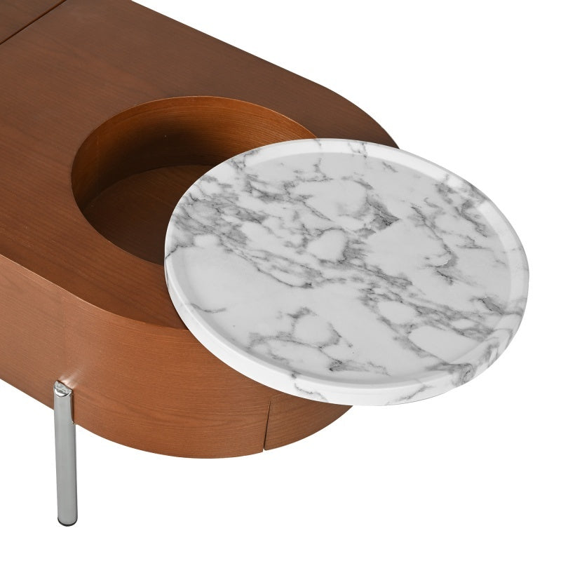 47.2-inch Lift Coffee Table With 360 Degree Marble Patterned Rotating Tray with Modern Oval Lift Tabletop