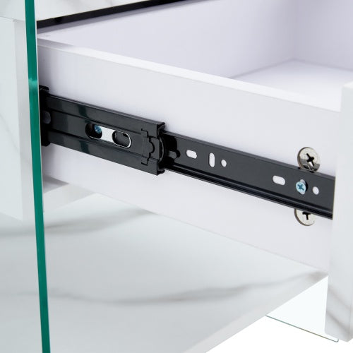 Bedside Table With Drawers. Marble Print MDF Sticker with Transparent Tempered Glass