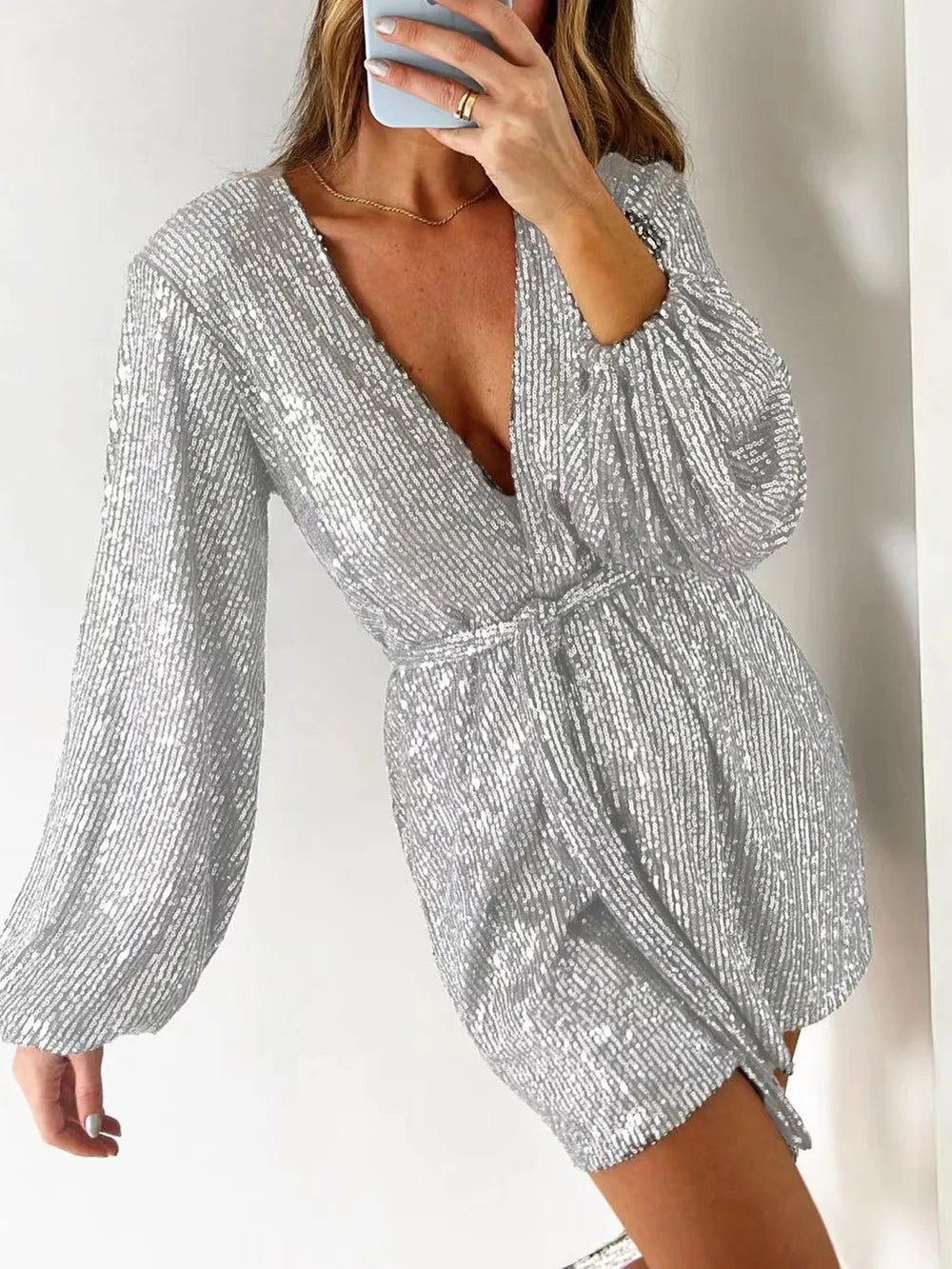 Sequin Surplice Tie Waist Long Sleeve Romper